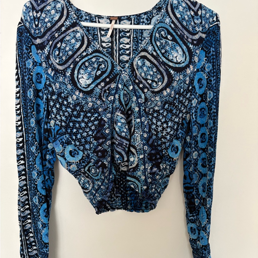 Free People Navy and Light Blue Paisley Blouse
